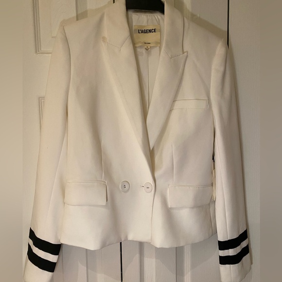 L’AGENCE Marine White Nautical Cropped Blazer Jacket with Striped Sleeves US2 - Picture 13 of 14